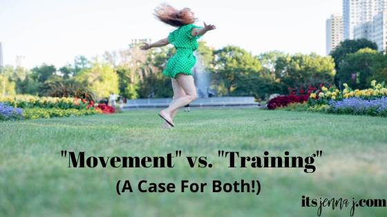 A girl with light brown hair is wearing a green romper and twirling in the park. The Chicago skyline is in the background. The words "Movement vs. Training (A Case For Both)" are printed in black.