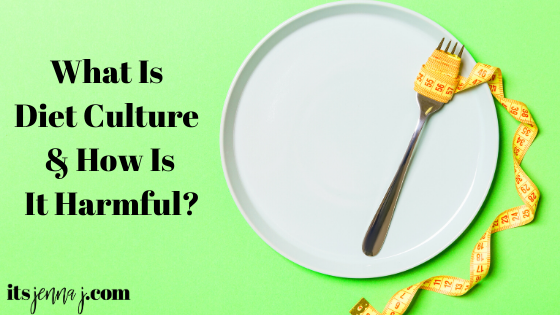 White pate with a silver fork wrapped in a yellow tape measure on a lime green background, with the words "What is diet culture and how is it harmful?" in black. 