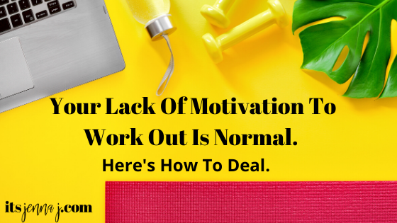 Yellow background with a red yoga mat, green plant, yellow dumbbells, and a laptop. "Your Lack Of Workout Motivation To Work Out Is Normal. Here's How To Deal." Are typed in black.