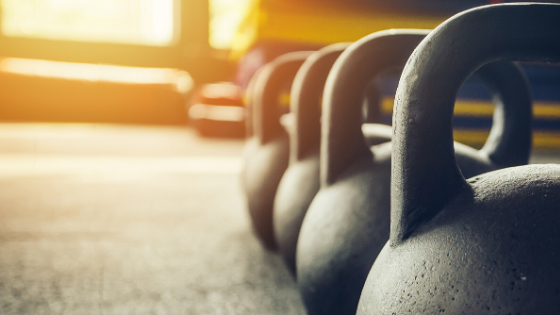 A row of black kettlebells sitting on the floor. Sunlight is streaming through a window behind.