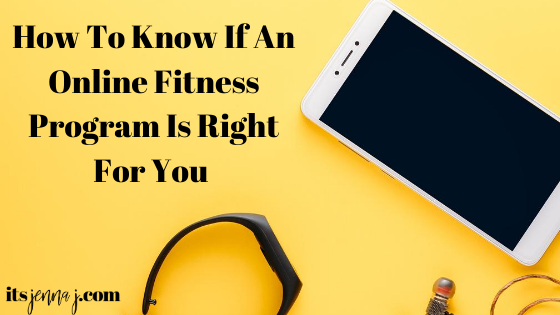 Yellow background with a white phone, black watch, and black earbuds in the right corner. "How To Know If An Online Fitness Program Is Right For You" is written in black text. 