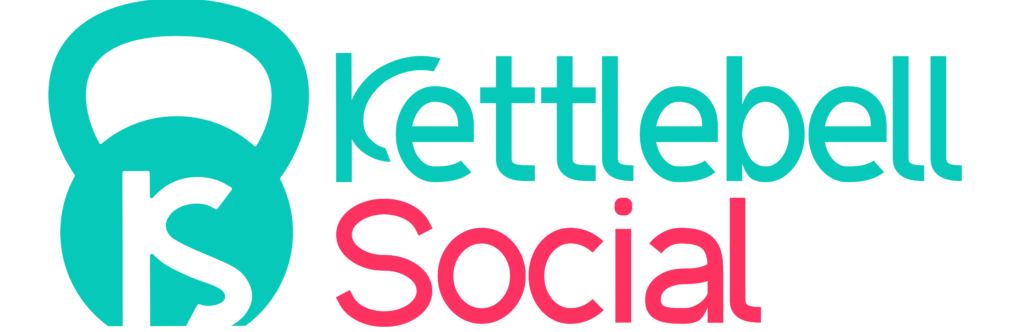 A turquoise square kettlebell with the letters KS on it. The words Kettlebell Social are next to it in turquoise and pink.